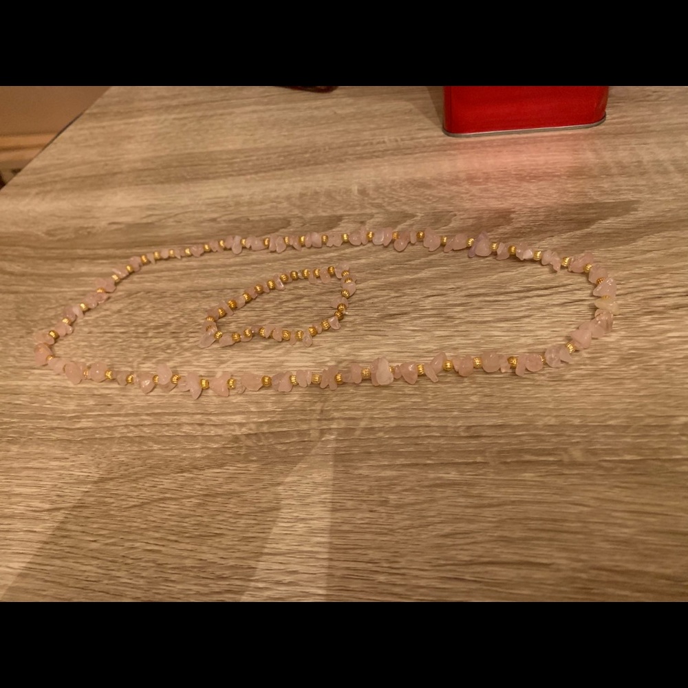 Rose Quartz necklace set with faux gold beads